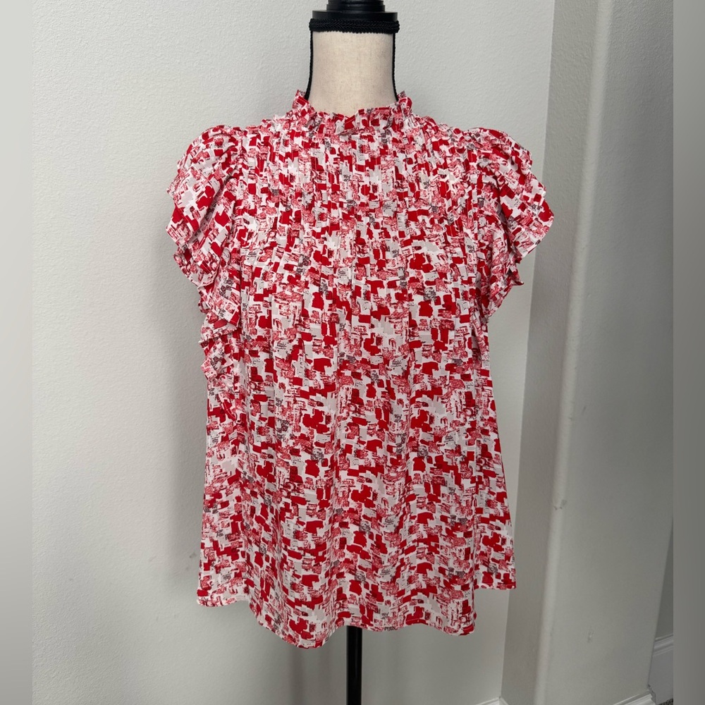 Entro Red and White Ruffled Abstract Blouse